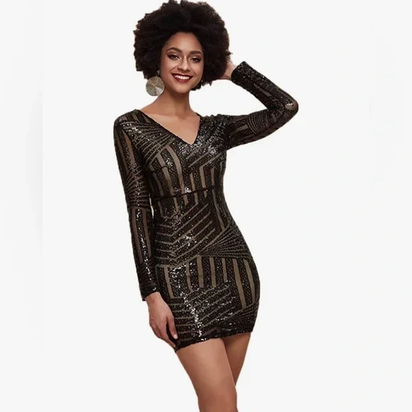 tight sparkly black dress Berylove Women Sparkly Black Cocktail Dress Long Sleeve Tight Square Neck Mini Holiday Party Dress, Black / US2